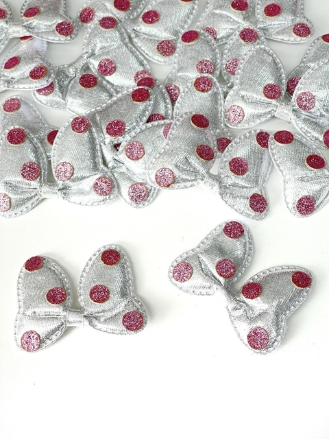 APLIQUE ALMOFADADO LAÇO MINNIE PRATA COM BOLAS ROSA 2 UNIDADES