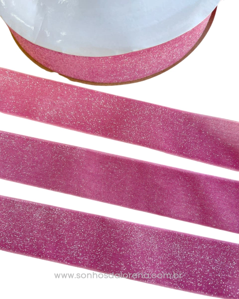FITA AVELUDADA COM BRILHO 38MM ROSA POR METRO