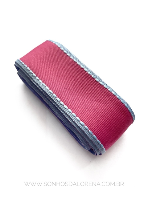 FITA YAMA POLIÉSTER DE 38MM ROSA PINK COM PESPONTO AZUL BB 5 METROS