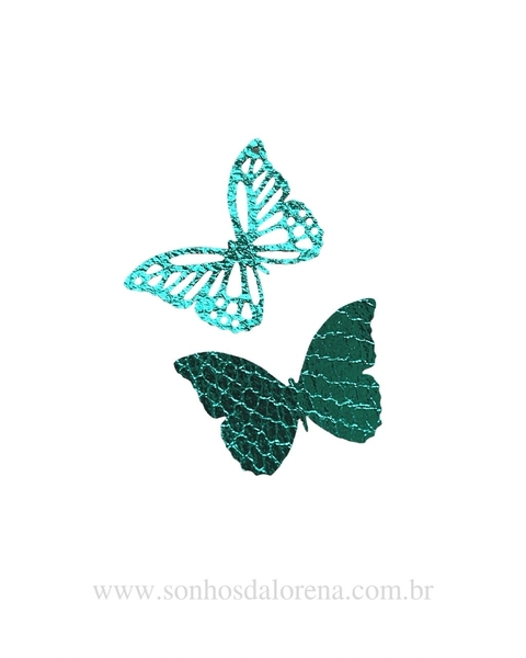 APLIQUE DE BORBOLETA DUPLA EM LONITA NAPA CRAQUELADA METALIZADA ESMERALDA 3CM X 4,5CM
