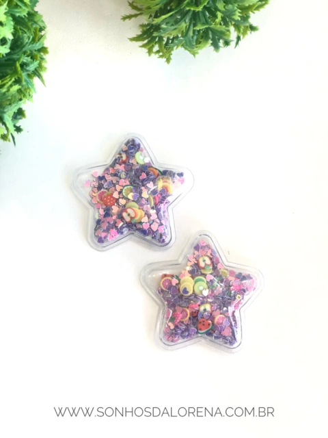APLIQUE ESTRELA CRISTAL TRANSPARENTE COM FRUTINHAS E CONFETES LILÁS 2 UNIDADES
