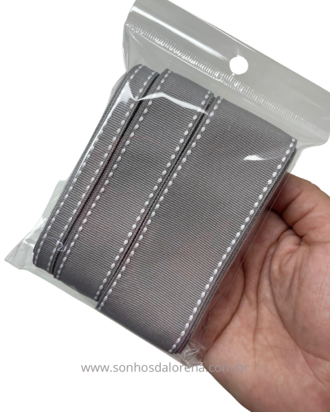 KIT DE FITA PESPONTADA CINZA 012 COM PESPONTO BRANCO 6 METROS ( 3 LARGURAS)