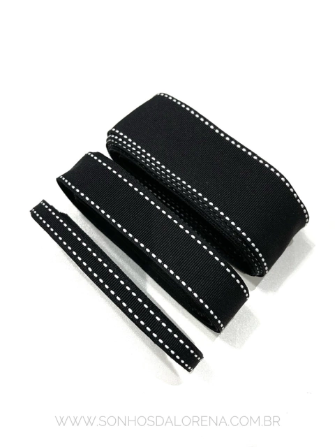 FITA PESPONTADA YAMA PRETO COM PESPONTO BRANCO KIT COM 5 METROS