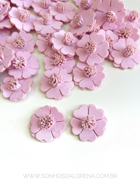 FLOR DUPLA DE CAMURÇA ROSA BEBÊ COM 02 UNIDADES
