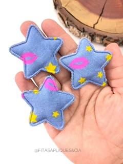 APLIQUE ESTRELA JEANS CLARO COM BEIJINHOS KIT COM 02 UNIDADES