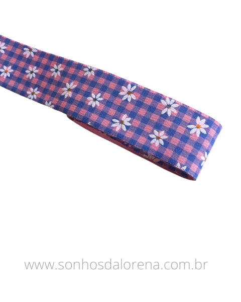 FITA XADREZ ROSA E AZUL COM MARGARIDA DE 38MM POR METRO