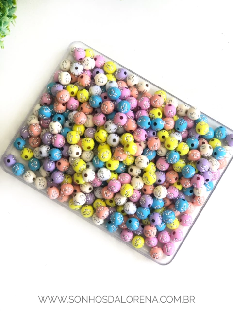 ENTREMEIO BOLAS COLORIDAS 8MM COM ESTAMPAS DE CRUZES PRATA 30 GRAMAS