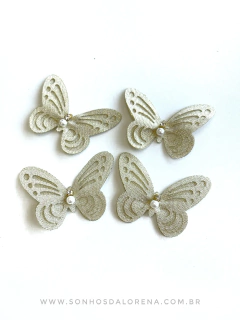 BORBOLETA VAZADA 3CM EM LUREX DOURADA COM PEROLA E STRASS UNIDADE