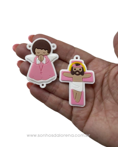 KIT TERÇO INFANTIL EMBORRACHADO DE 5CM ANJINHO BRANCO COM ROSA - comprar online