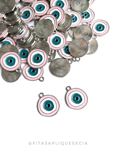 PINGENTE OLHO GREGO P 15MM PRATA COM BORDA ROSA BEBÊ UNIDADE
