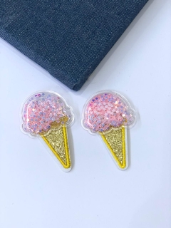 APLIQUE SORVETE CRISTAL 6CM AMARELO COM CONFETES ESTRELINHAS ROSA CLARO UNIDADE