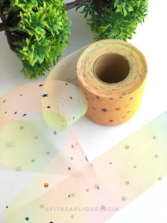 TULE TIE DYE COM ESTRELAS, LUAS E BOLINHAS POLIAMIDA DE 6CM LARGURA KIT COM 02 METROS