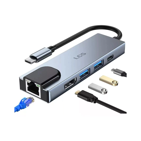 HUB ADAPTADOR 5 EN 1 TIPO-C A HDMI+USB3.0+PD+PUERTO ETHERNET BYL-2007 (SEISA)