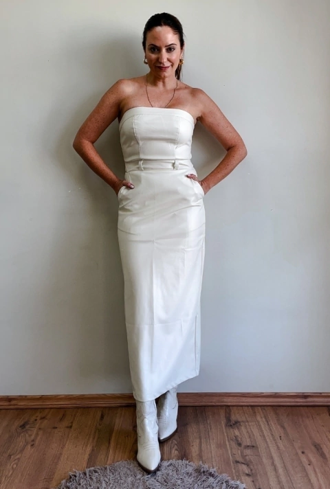 Vestido Midi Couro Sintético Off White