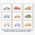Muestra de los 9 diseños a elección para los cuadros: auto de policía, camión de bomberos, camión cementero,  van, taxi, camión de residuos,  ambulancia, auto común, bus de escolares.