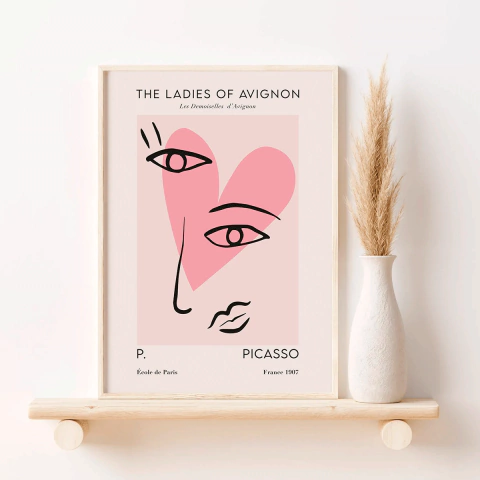 Cuadro con diseño de Picasso con un corazón rosa con cara, al estilo de este artista.