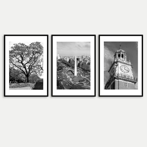 Set de 3 cuadros en blanco y negro con imágenes icónicas de Buenos Aires: un árbol en parque, el Obelisco y el reloj de la torre del edificio del Congreso