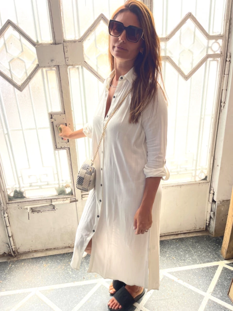 VESTIDO CAMISERO LARGO, BLANCO