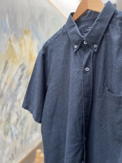 CAMISA LINO HOMBRE, MANGA CORTA AZUL