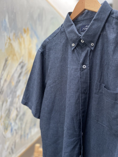 CAMISA LINO HOMBRE, MANGA CORTA AZUL