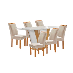 Mesa Cel Móveis Qatar 160cmx80cm Cinamomo/Off White Londres Vidro Off White C/6 Cadeiras Londres 169