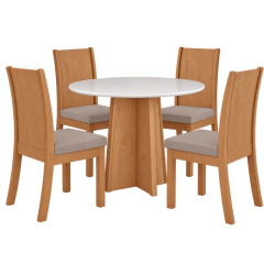 Mesa Lopas** Celebrare 100cm Com Vidro T.Redondo C/4 Cadeiras Athenas Amêndoa T.118 Veludo Naturale