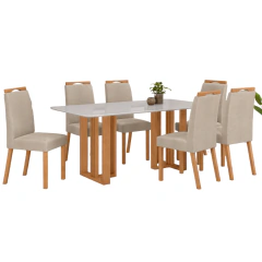Mesa Lopas** Téssera 170cm Com Vidro C/6 Cadeiras Bonna Amêndoa T.118 Veludo Naturale Creme
