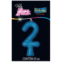 Vela Aniversário Festcolor Puro Glitter Azul N°2 C/1un.