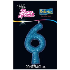 Vela Aniversário Festcolor Puro Glitter Azul N°6 C/1un.