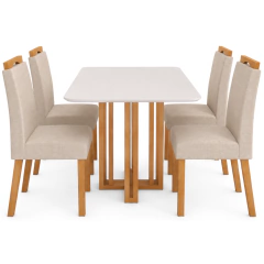 Mesa Lopas** Téssera 120cm Com Vidro C/4 Cadeiras Bonna Amêndoa T.118 Veludo Naturale Creme