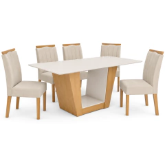 Mesa Lopas** Apogeu 170cm Com Vidro C/6 Cadeiras Athenas Amêndoa T.173 Linho Rinzai Bege
