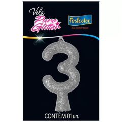 Vela Aniversário Festcolor Puro Glitter Prata N°3 C/1un.