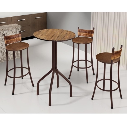 Mesa Bm Pernambuco Café Red.60cm Mad.Pinus Conhaque C/3 Banquetas Dinamarca Carvalho C121 Courino P.