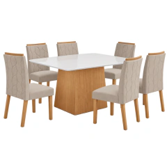 Mesa Lopas** Nevada 130cm Com Vidro C/8 Cadeiras Astrid Amêndoa T.173 Linho Rinzai Bege