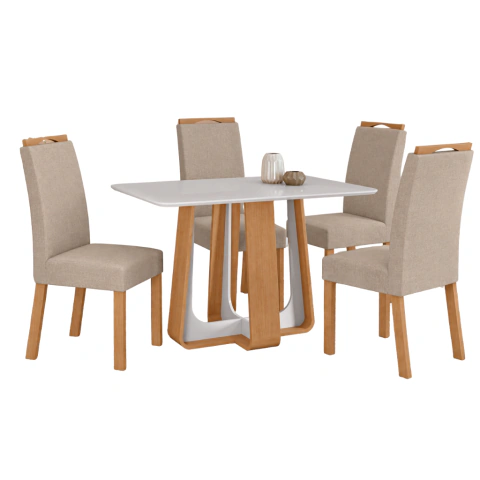 Mesa Lopas** Sintonia 120cm C/4 Cadeiras Bonna Amêndoa T.173 Linho Rinzai Bege