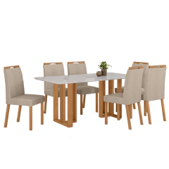 Mesa Lopas** Téssera 170cm Com Vidro C/6 Cadeiras Bonna Amêndoa T.173 Linho Rinzai Bege