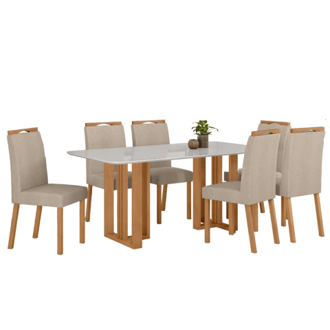 Mesa Lopas** Téssera 170cm Com Vidro C/6 Cadeiras Bonna Amêndoa T.173 Linho Rinzai Bege