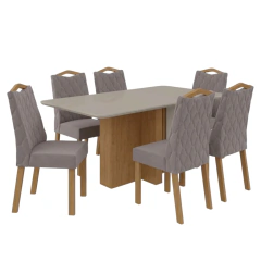 Mesa Lopas** Astrid 170cm Com Vidro C/6 Cadeiras Vênus Amêndoa T.368 Veludo Liso Capuccino