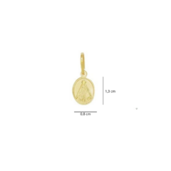 Pingente folheado a ouro em formato oval com imagem da Nossa Senhora Aparecida, medindo 1,3 cm de altura e 0,8 cm de largura.