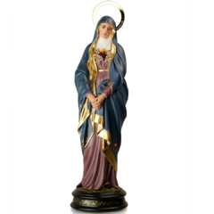 Estátua de Nossa Senhora das Dores em resina, com detalhes em dourado, medindo 30 cm.