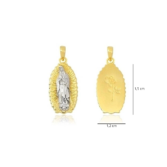 Pingente folheado a ouro com imagem da Nossa Senhora de Guadalupe e detalhe de rosa, medindo 1,2 cm de largura por 1,5 cm de altura.