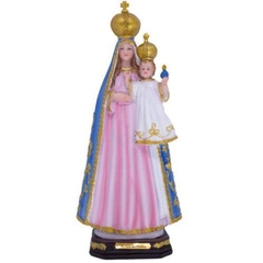 Estátua de Nossa Senhora da Penha em resina, com 20 cm de altura, apresentando detalhes em dourado e roupas em tons de rosa e azul.