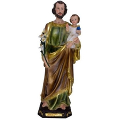 Estátua de São José em resina com 13cm, segurando o menino Jesus e flores.