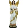 Estátua de São Gabriel Arcanjo em resina, com 21cm de altura, vestindo roupas brancas e douradas, segurando um livro e uma flor.