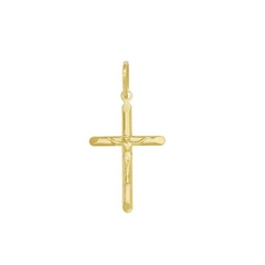 Pingente de cruz com Cristo folheado a ouro, medindo 2,3 cm.