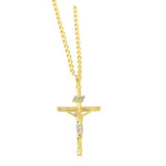 Colar folheado a ouro com cruz e figura de Cristo, com corrente de 60cm.