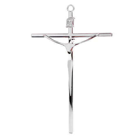 Crucifixo estilizado em metal prateado com figura de Cristo em acabamento ônix, medindo 36 cm
