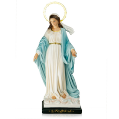 Estátua de Nossa Senhora do Milagre em resina, medindo 32cm, com detalhes em azul e dourado.
