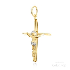 Pendente de cruz folheado a ouro com figura de Cristo, medindo 3 cm.