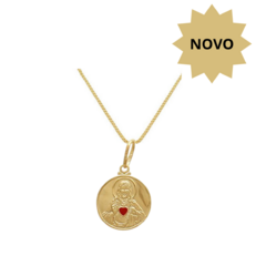 Colar folheado com medalha de Jesus e detalhe em resina vermelha, com corrente de 50cm.